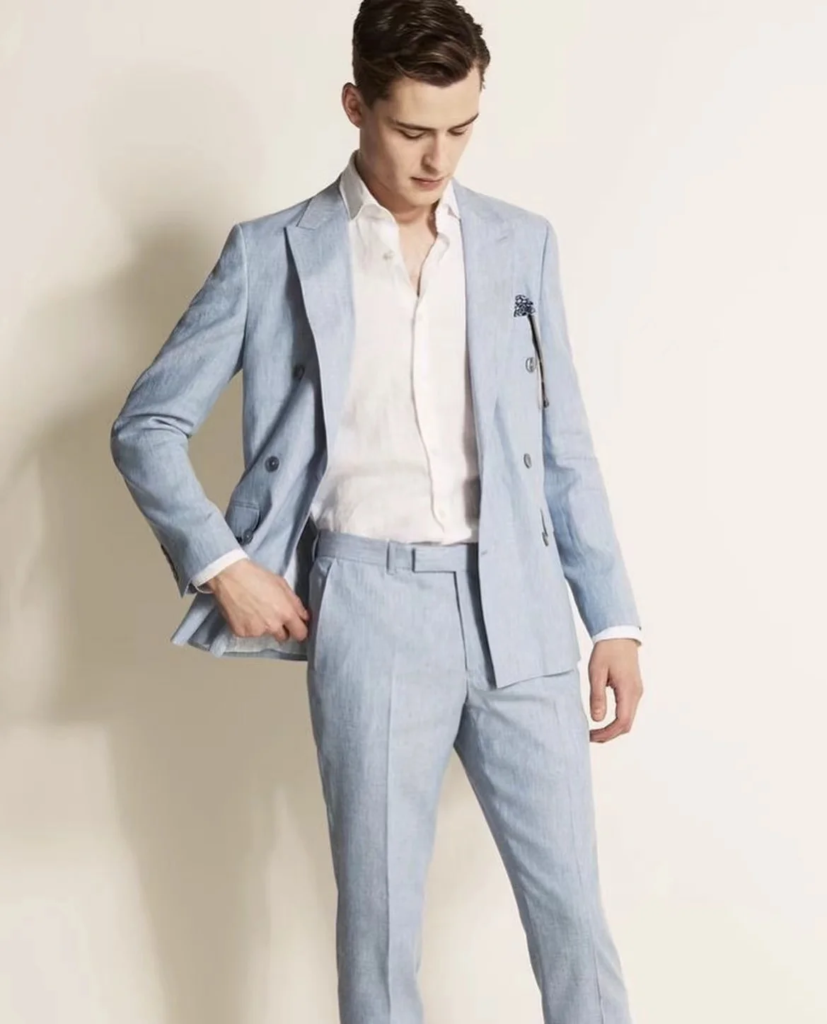 

2023 Blue Linen Men's Suit Bridegroom Tuxedo Tailor-Made Wedding Custom Double Breasted Male Blazer 2 pcs(Jacket+pants)