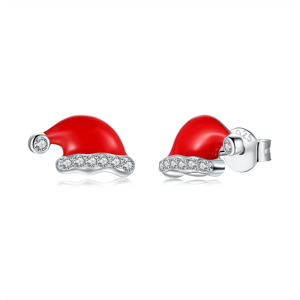 

Santa Hat Cute Crystal Red Enamel Stud Earrings -925 Sterling Silver Rhinestone for Women Xmas Jewelry Christmas Gift for Girls