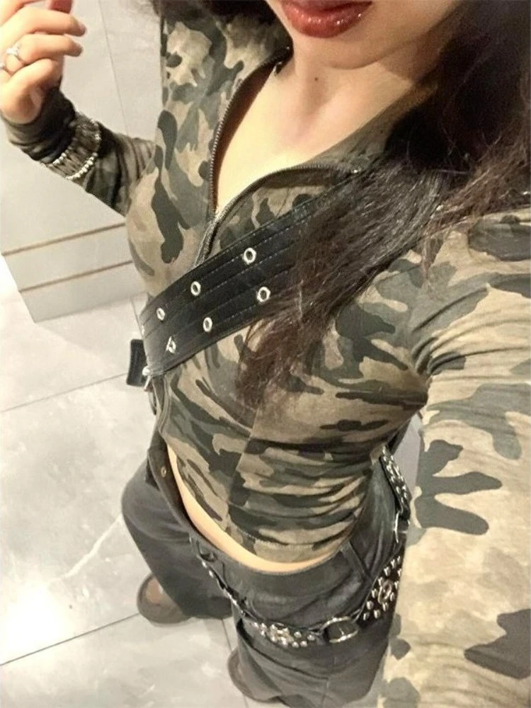 

American Vintage Outwear Patchwork Hollow Out Zipper Letter Pattern Long Sleeve Strap Y2k Subculture Camouflage Hooded Autumn