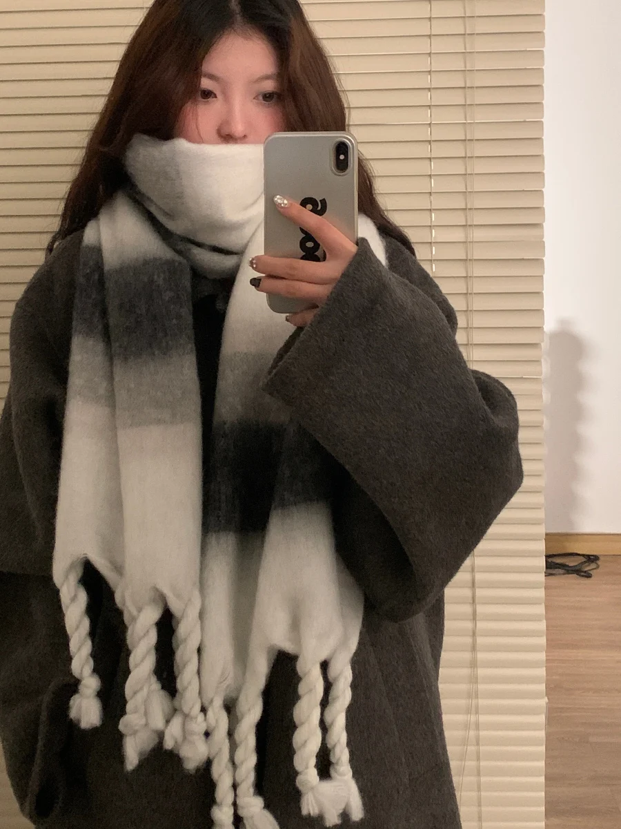 

Winter Scarf For Women High-End Sense Student Warmth Versatile Stripes Korean Version Shawl Fashionable Thickened