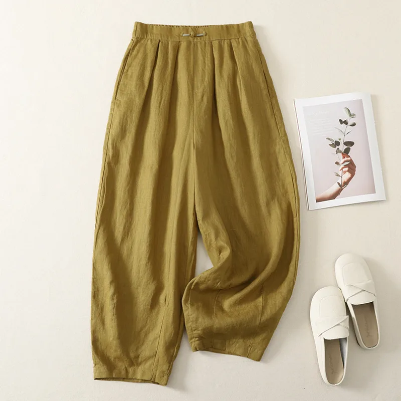 2026 New Summer Casual Vintage Frog Button Trousers Women Fashion Elastic Waist Thin Ankle Length Harem Pants