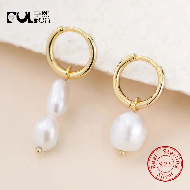 

925 Sterling Silver 14K Gold Plated Huggie Hoop Earrings Dangle Baroque Pearl Drop Cartilage Hoops Daily Jewelry