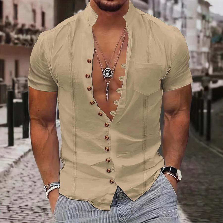 2024 summer Europe and the United States leisure men's vintage cotton hemp button-up collar short-sleeved shirt