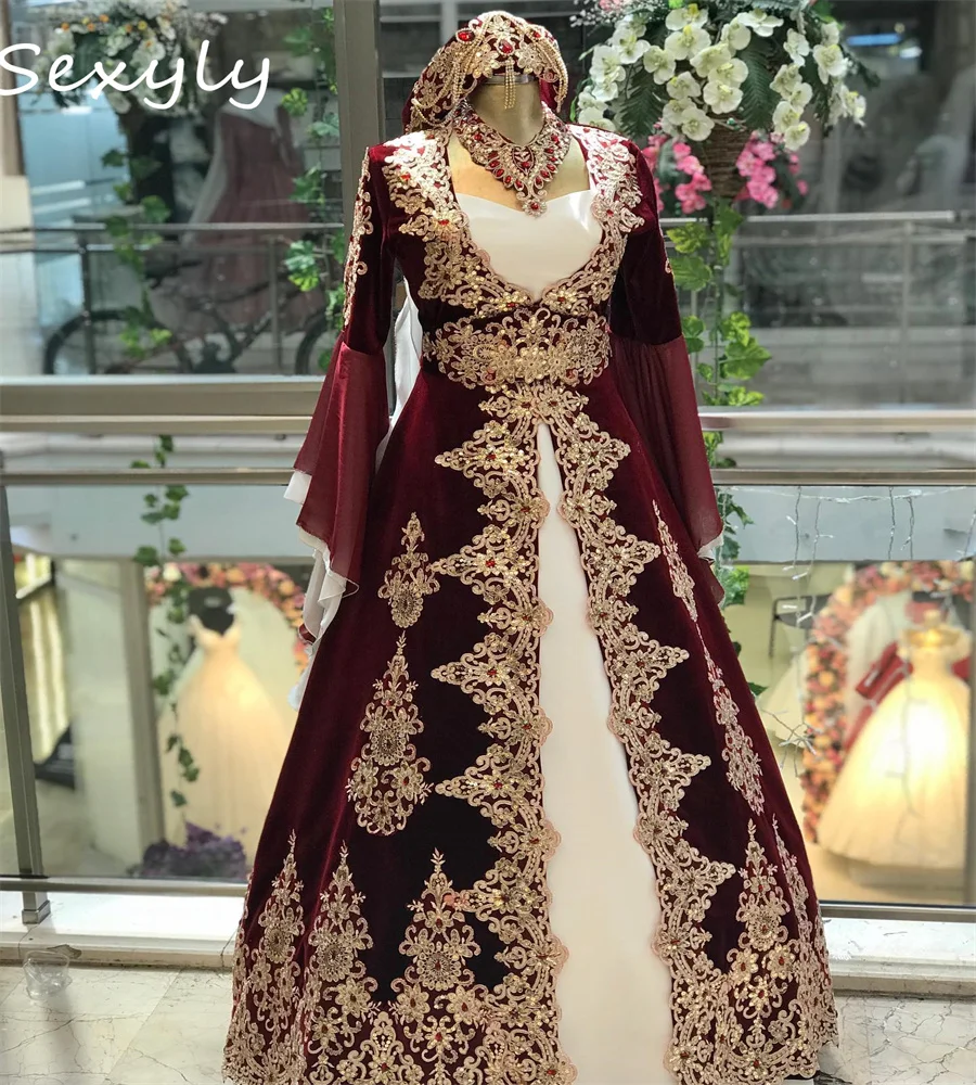 Elegant Burgundy Moroccan Wedding Dress Caftan Renaissance Celtic Turkish Bridal Gowns Long Sleeve War Bride Party Customized