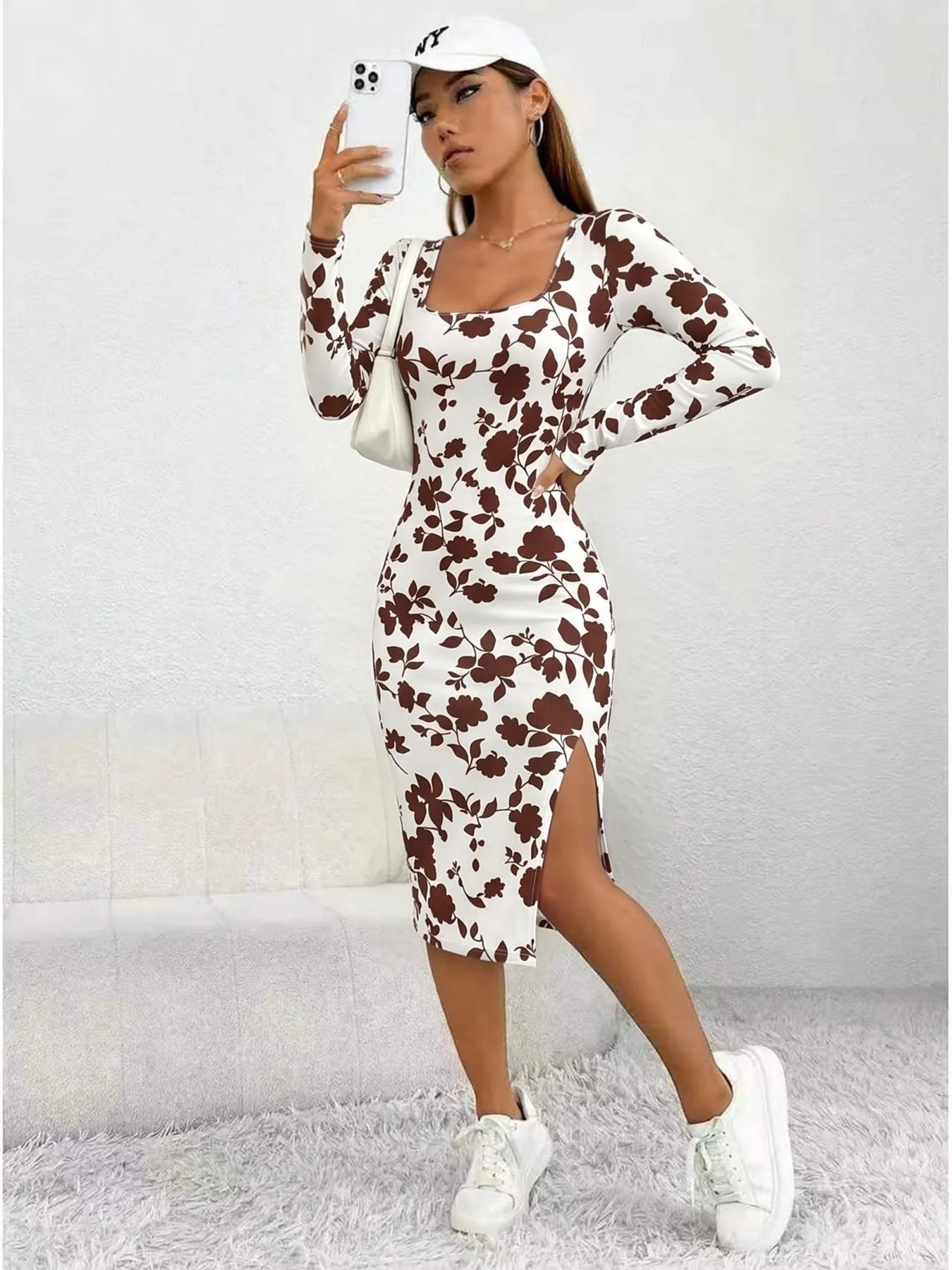 Women's Floral Leaf Print Square Neck Dress Casual Comfortable Long Sleeve Waist Cinched Long Skirt with Slit