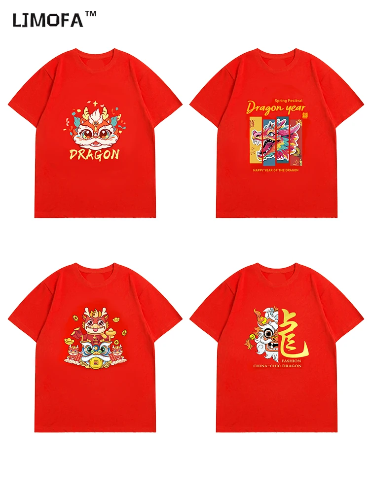 LJMOFA Kids Red T-shirt 2024 Dragon Year Chinese New Year Short-Sleeved Cotton T-shirt Good Luck Boys Girls Summer Clothing D457