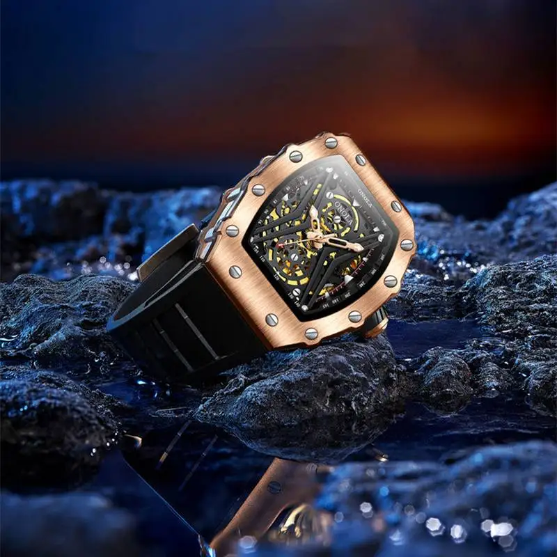 The Tonneau Automatic Mechanical Men Hollow out Dial Watches Silicone Band Fashion Casual Mechanical Watch Relogio Masculino