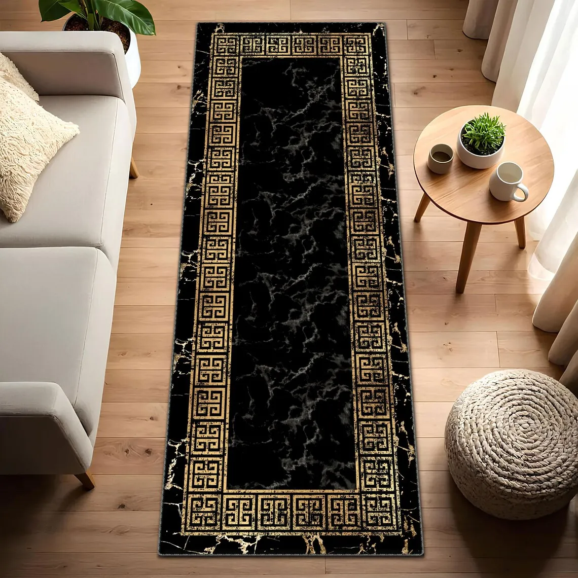 Luxury Black Gold Marble Runner Mat Greek Key Design Non-Slip Hallway Entrance Carpet Kitchen Floor Rug Long Bedside Area Rug