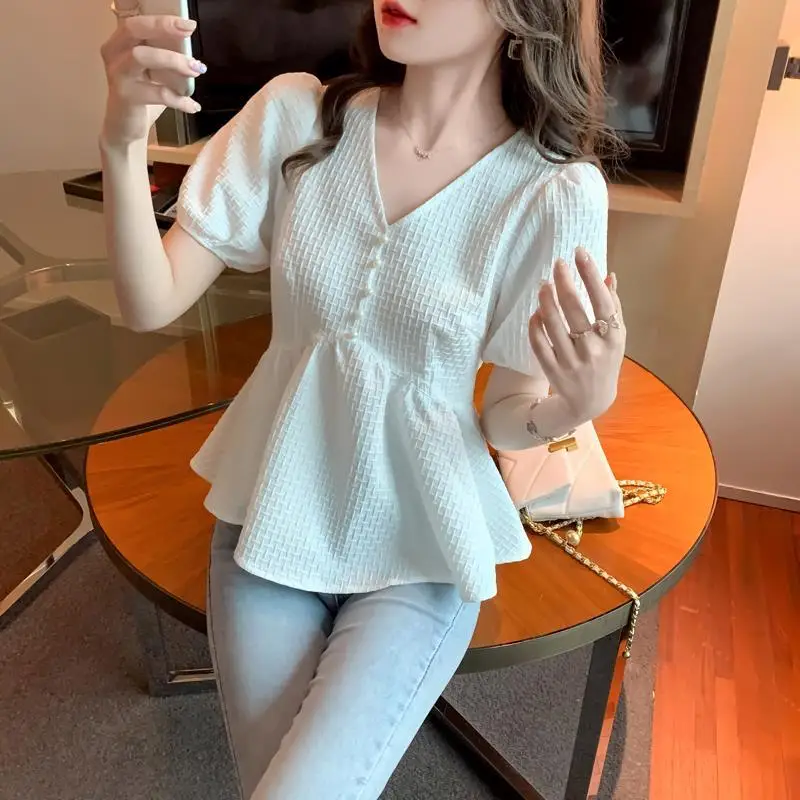 Clothing Ruffle Women\'s Shirts and Blouses Frill Top for Woman Chiffon with Puffy Sleeves V Neck White Tall Elegant Social M Y2k