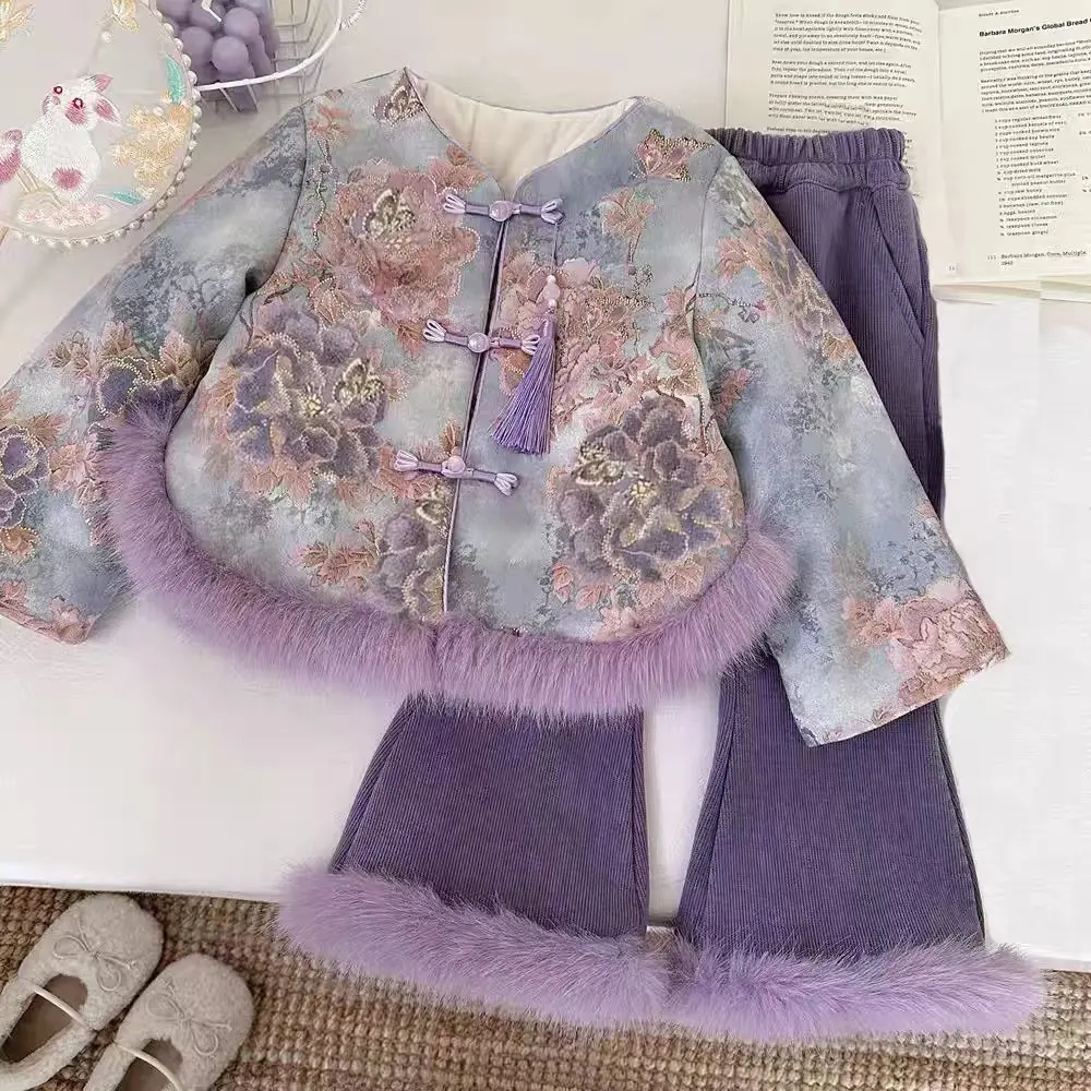 

Комплекты одежды для девочек, осенне-зимние детские плотные бархатные пальто, брюки, теплый костюм из 2 предметов для малышей, наряды принцессы, детский модный костюм