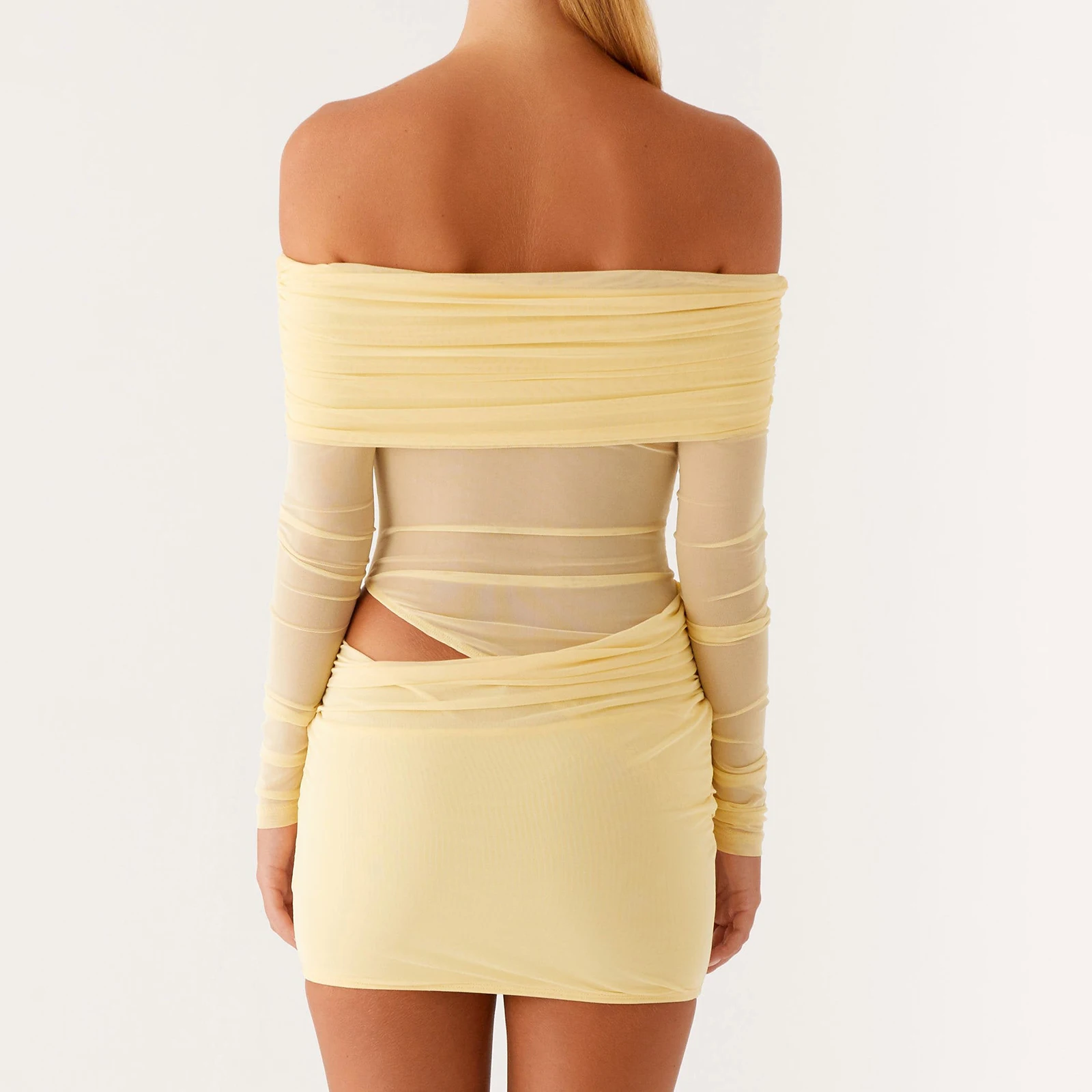 Dames mini off-shoulder jurk slanke ruches effen kleur uitgesneden lange mouw backless korte mesh bodycon jurk voor party club
