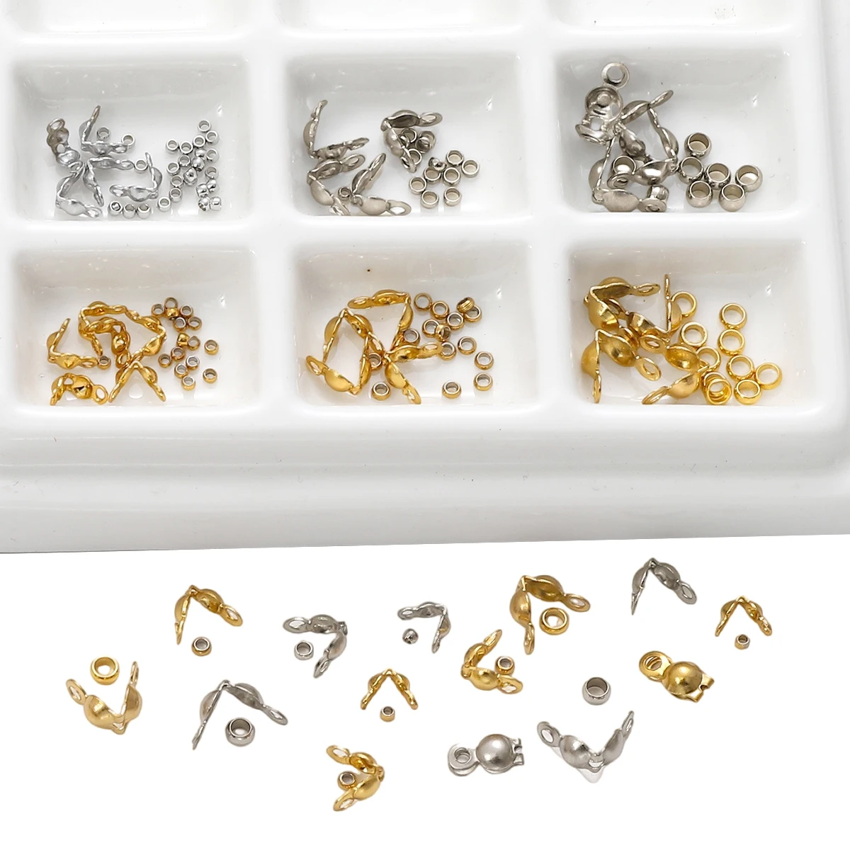 

100Pcs Stainless Steel Clasp Crimp End Beads Set Connector Accessories Positioning Spacer Ball Beads DIY Jewelry Making Supplies