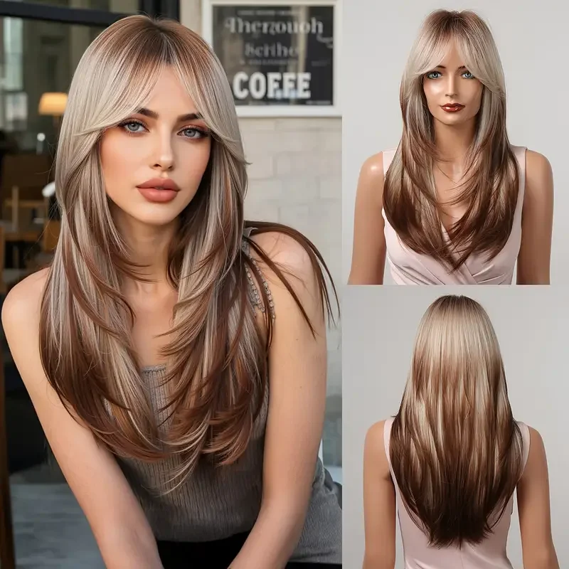 

Темно-коричневый для светло-коричневого градиентного синтетического парика, средняя часть, натуральные прямые волосы, многослойные женские вечерние косплей, повседневная одежда