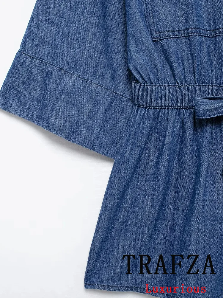 TRAFZA Vintage Casual Chic Women Suit Solid Denim Bow Single Breasted Blouse Loose Straight Pants Fashion 2024 Autumn Suits