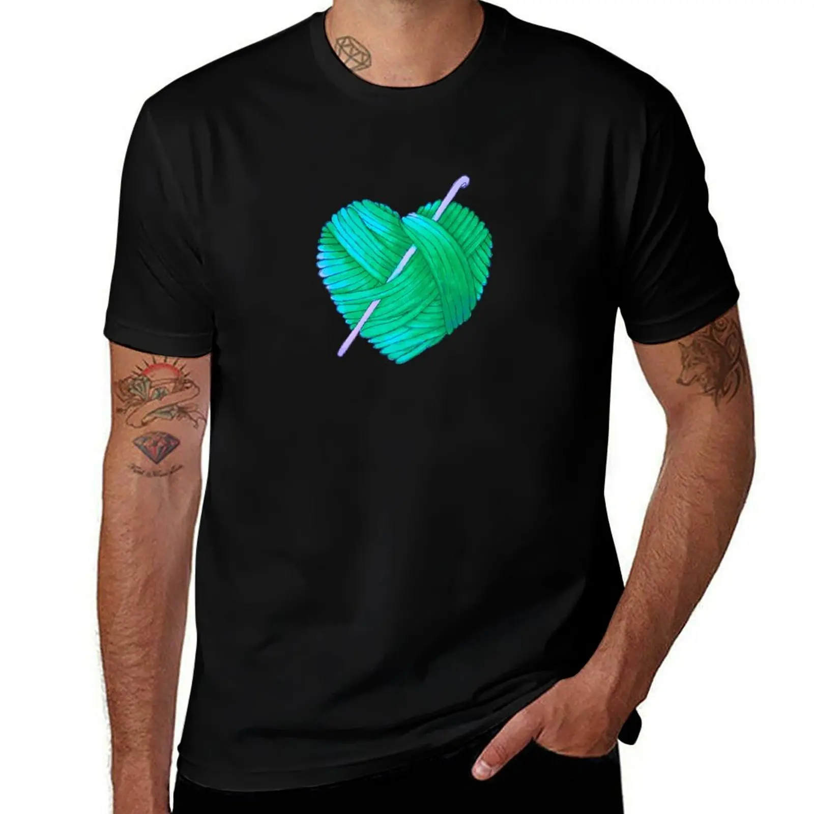 Cute Heart Ball of Yarn and Crochet Hook in Teal Green Blue T-Shirt Holiday All Match T-Shirt
