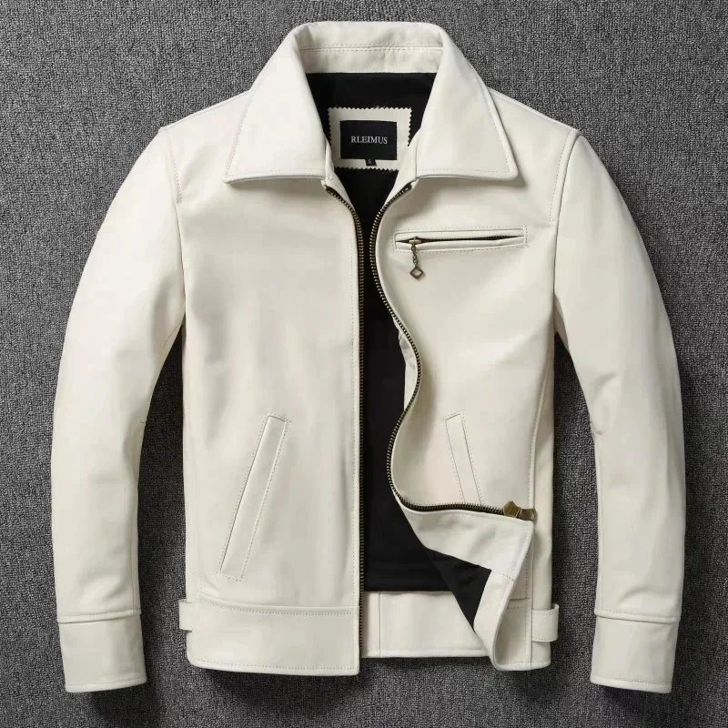 

Men's Genuine Leather Jacket White Lapel Calfskin Natural Cowhide Coat Slim Fit Top Layer Biker