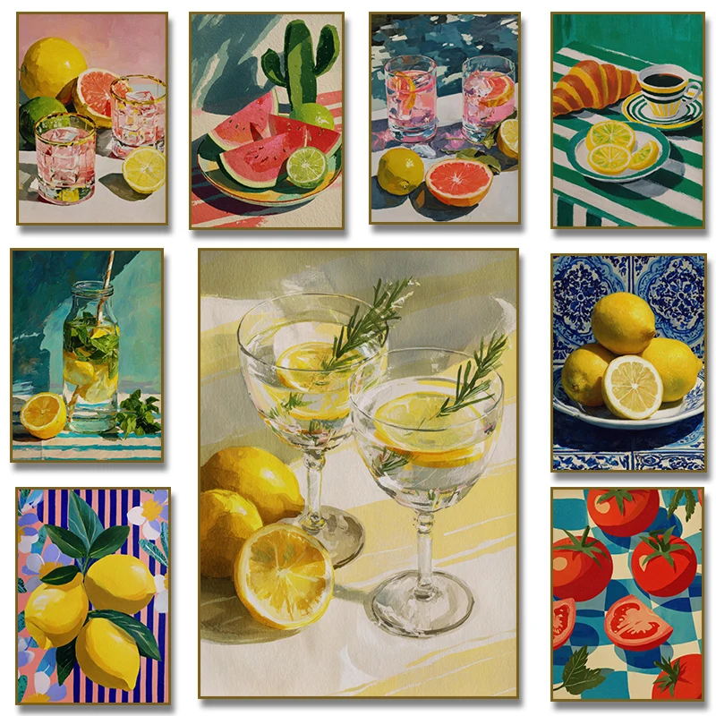 1pc framless Canvas Painting Trendy Tomato Oyster and Lemon Cocktail Summer Drink Sardines Poster Canvas Painting Print for Kitc