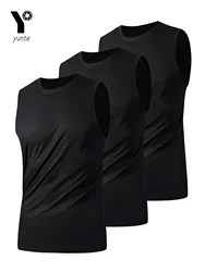 Men's Sports Vest Black 3-Piece Breathable Round Neck Slightly Elastic Fabric Pure Color Suitable for Spring, Summer and Autumn R