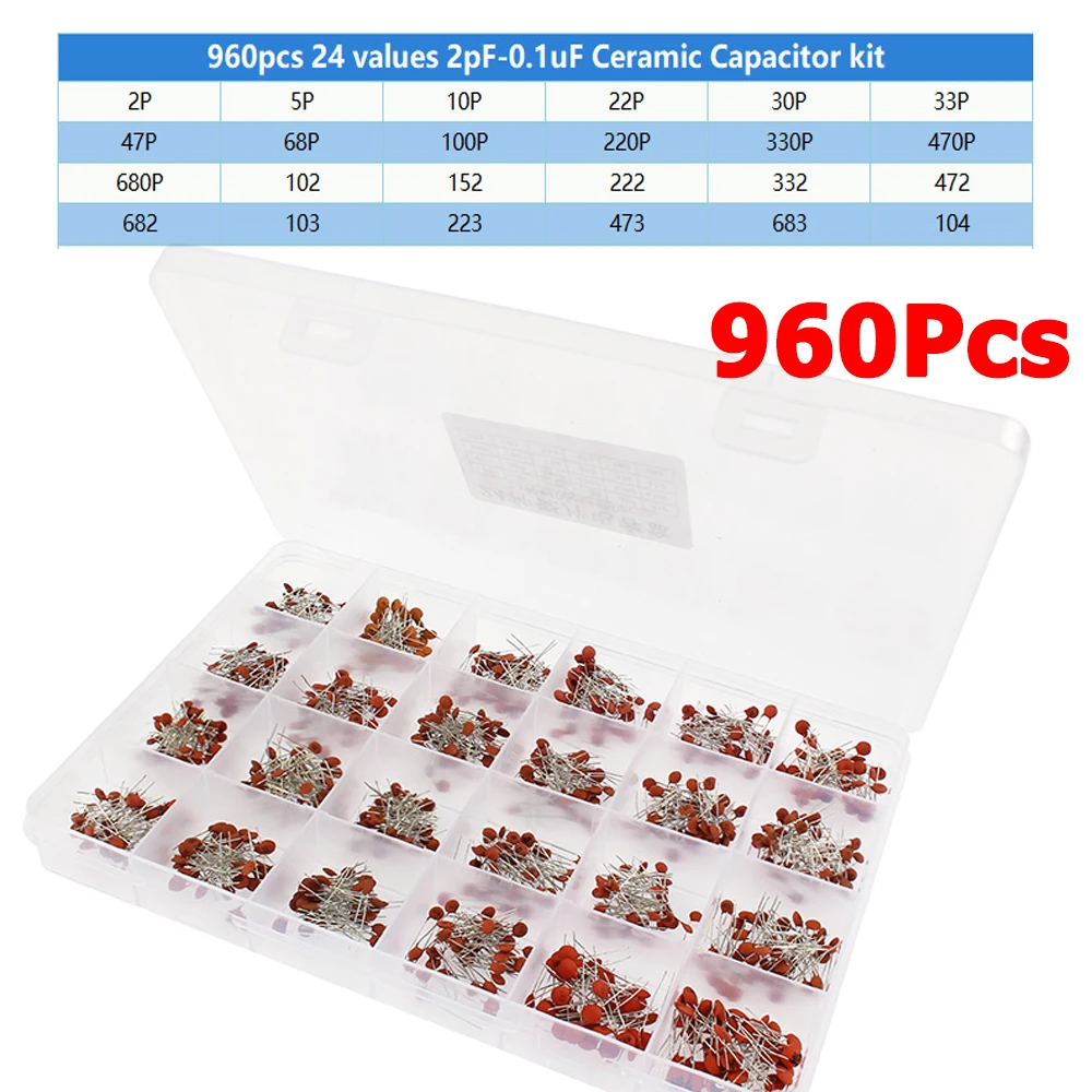 960 шт., 24 значения, набор керамических конденсаторов, емкость 2PF-0,1 мкФ, 50 В, набор электронных керамических конденсаторов «сделай сам», с коробкой