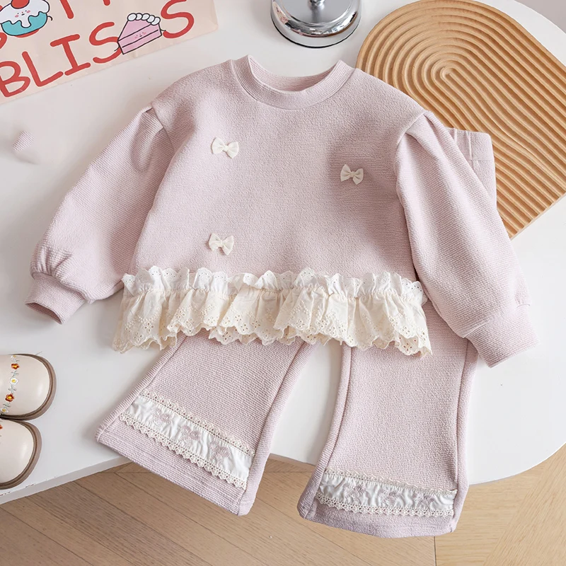 

Baby Girls Autumn Sweatshirt Set Lace Splicing Round Neck Loose Pullover Korean Kids Fashion Flare Trousers Children's Outfit