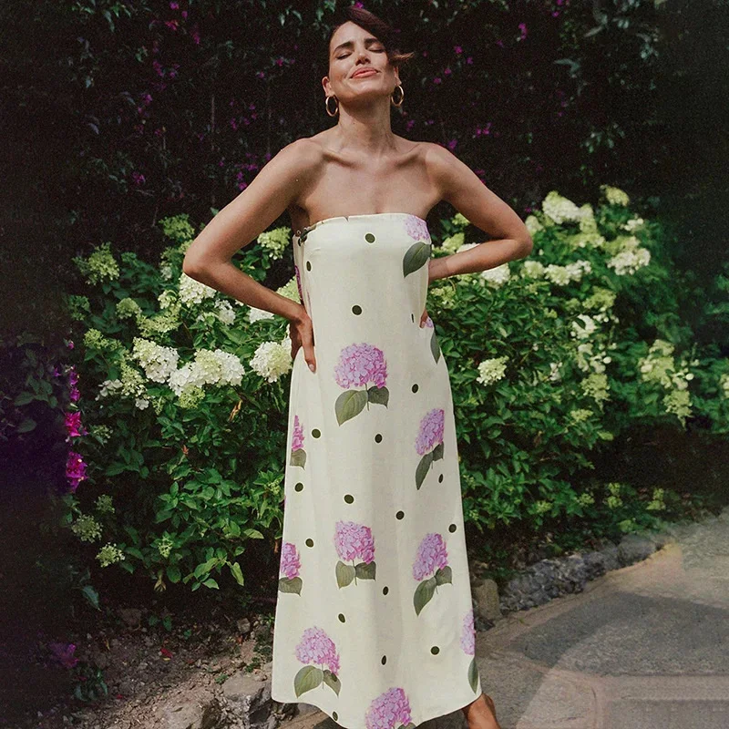 Elegant Floral Print Strapless Dress Sexy Off-Back Loose A-Line Long Dress New Summer Off-Shoulder Dress Stylish Women's Dress