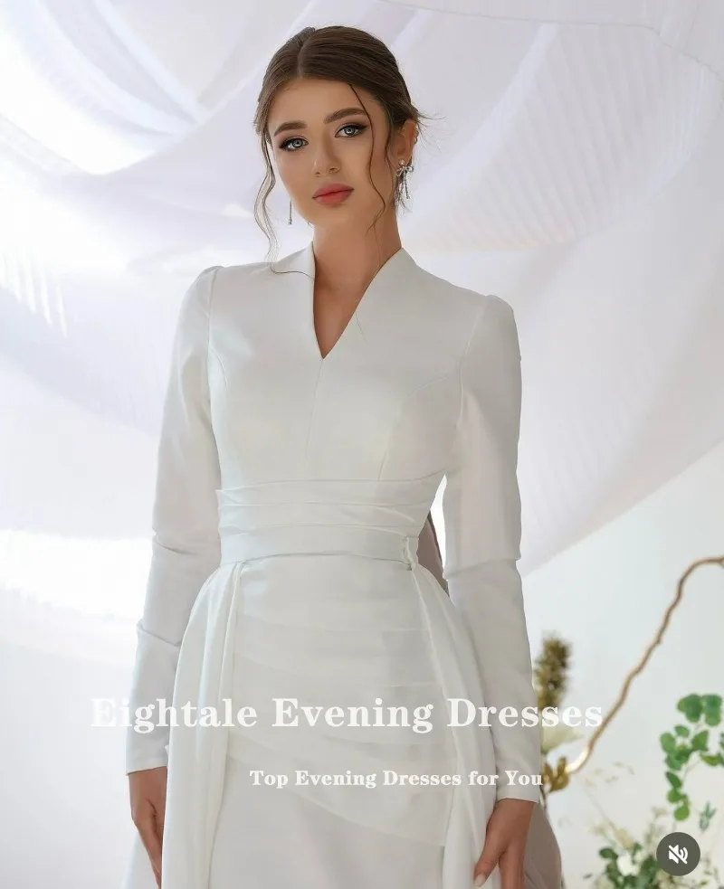 Eightale Muslim Wedding Dress V-Neck Satin Customized Arabic Bridal Gown Long Sleeves with Detachable Skirt Vestido De Noiva