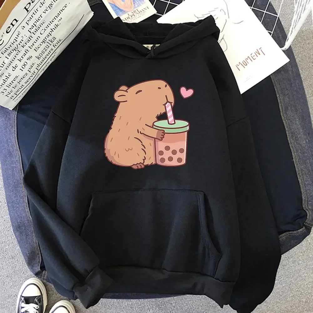 New In Hoodies 2024 New Kawaii Bubble Tea Capybara Printed Hooded Sweatshirt Fun Hooded Sportswear Harajuku Women\'s Clothing