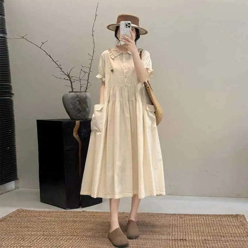 

Japanese Sweet Mori Girl Solid Color Big Pockets Dress Women Summer Turn Down Collar Short Sleeve Casual Loose A-Line Dresses