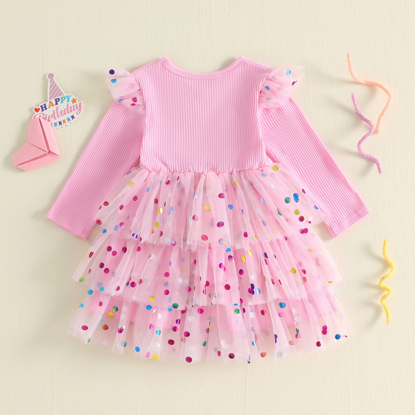 1-5Y Toddler Girl Birthday Party Dress Ruffle Long Sleeve Crew Neck Tiered Tutu Lace Princess Dresses
