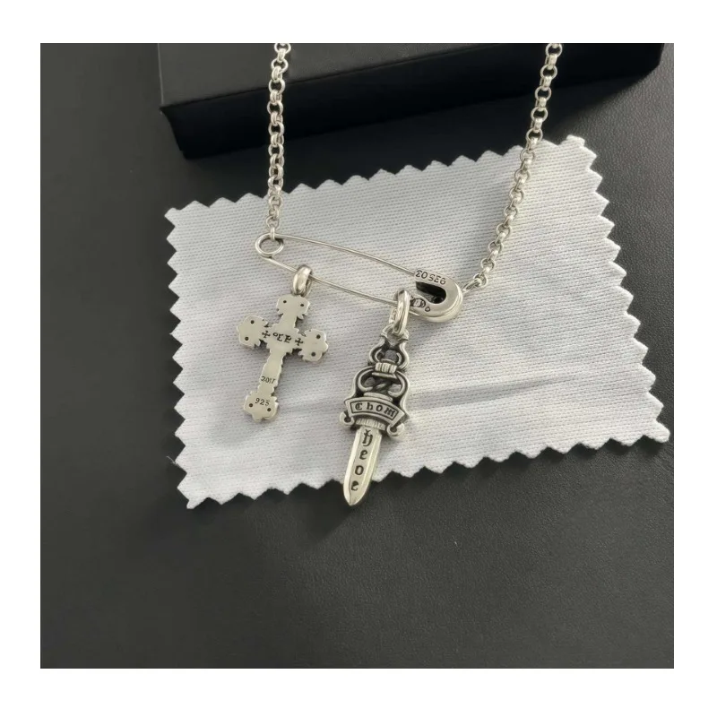 

Thai Silver Retro Old Crowe Flame Cross with Blue Diamond Sword Pendant Pin Pearl Chain Hipster