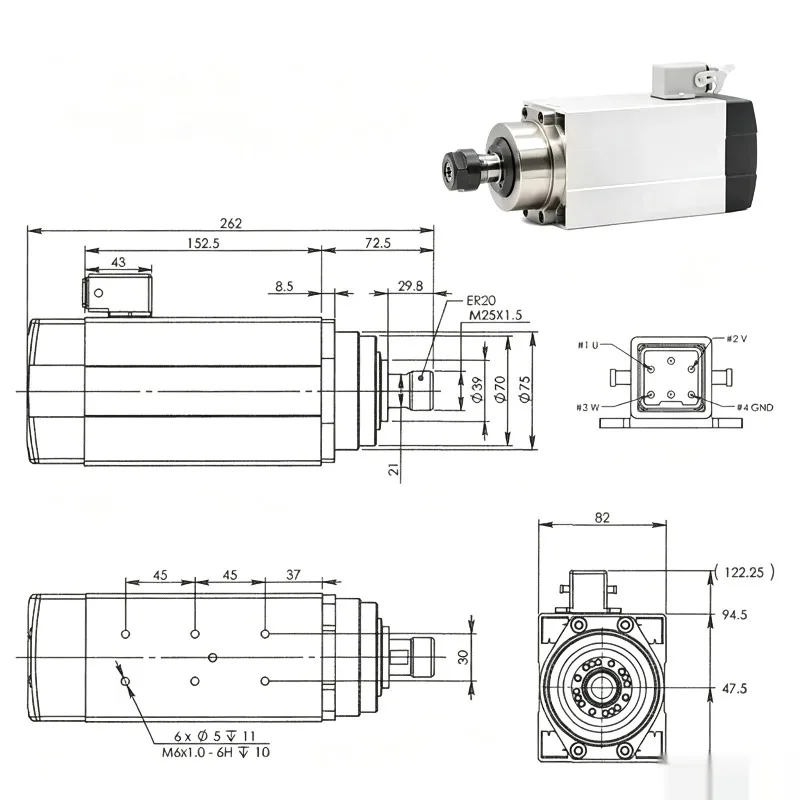 G-Penny 1.5KW Square Air Cooled Spindle ER20 4 Bearings Mounting Flange 300Hz Fan Cooling +1.5KW VFD CNC Router Wood PCB