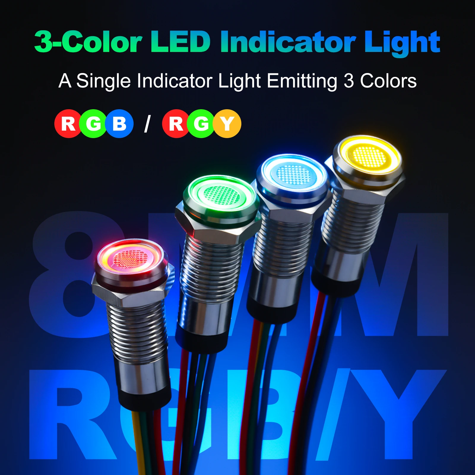 FILN 5Pcs 8mm Tri-color Metal LED Indicator Light 3V 6V 12V 24V 4-Wire RGB RGY Signal Lamp Pre-wired Pilot Light Panel Mount