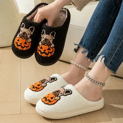 Halloween Dog Embroidery Cotton Home Slippers Women 2024 Winter Fluffy Furry House Slippers Woman Comfort Flat Heels Floor Shoes