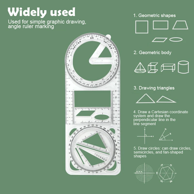 Multifuncional 360 °   Regla de dibujo geométrico móvil para la escuela, plantilla de matemáticas, herramienta de medición, portátil, plano, 3D