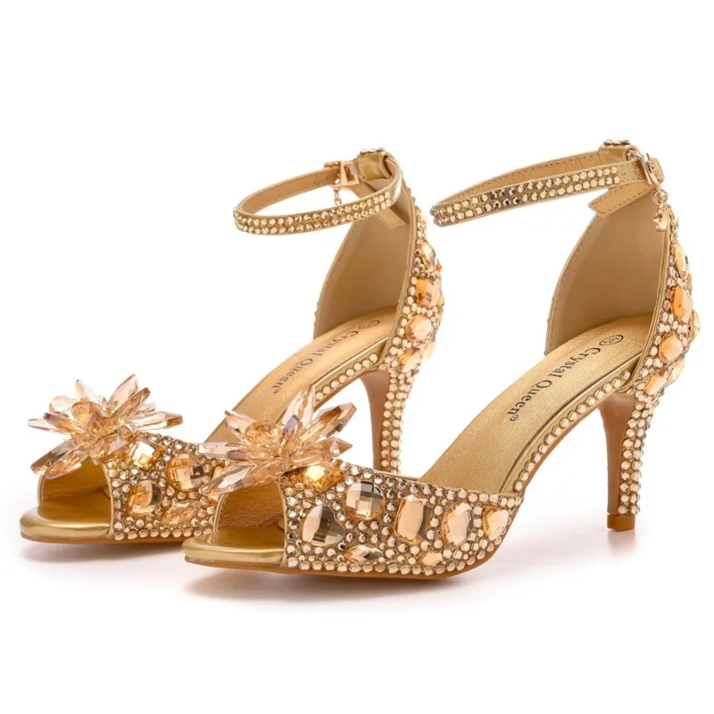 Fischmaul-High-Heel-Sandalen mit flachem Knopfriemen, großer runder Spitze, Kristall-Strass und schmalem Absatz