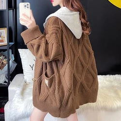 Autumn Winter Thicke Cardigan Sweater Jacket Women Outwear 2023 New Fashion Hooded Stitching Fake Two-Piece Knitted Coat Female