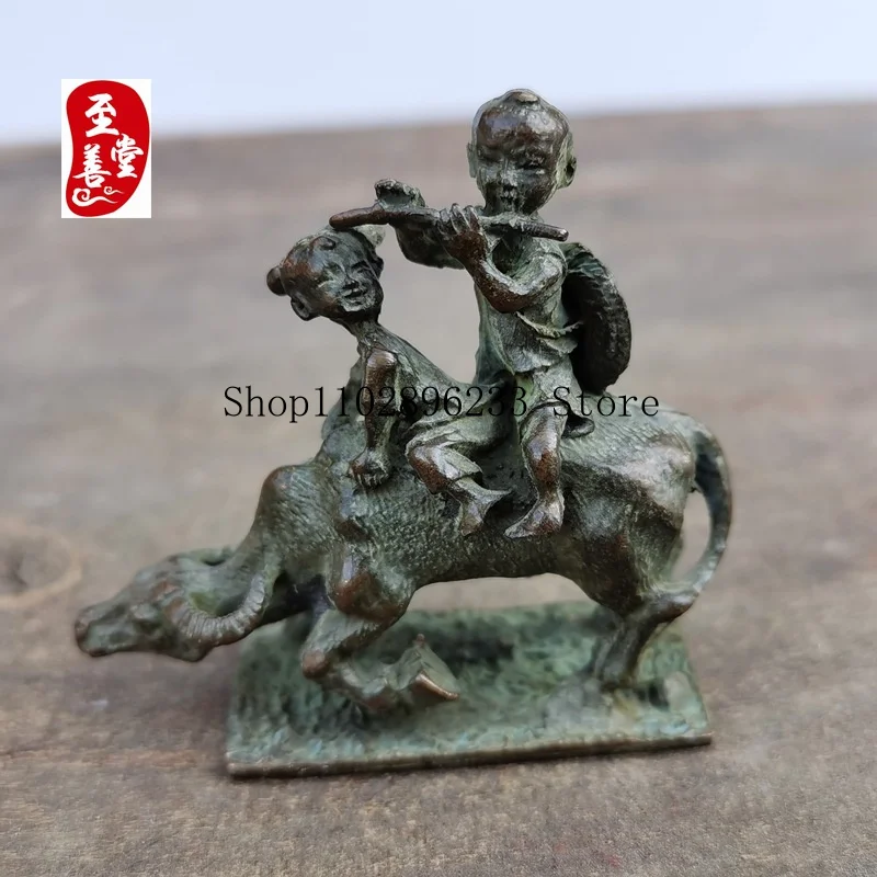 Antique collectible, old patina, antique-style alloy copper living room decoration, a shepherd boy riding a cow5.5*2*5.5CM