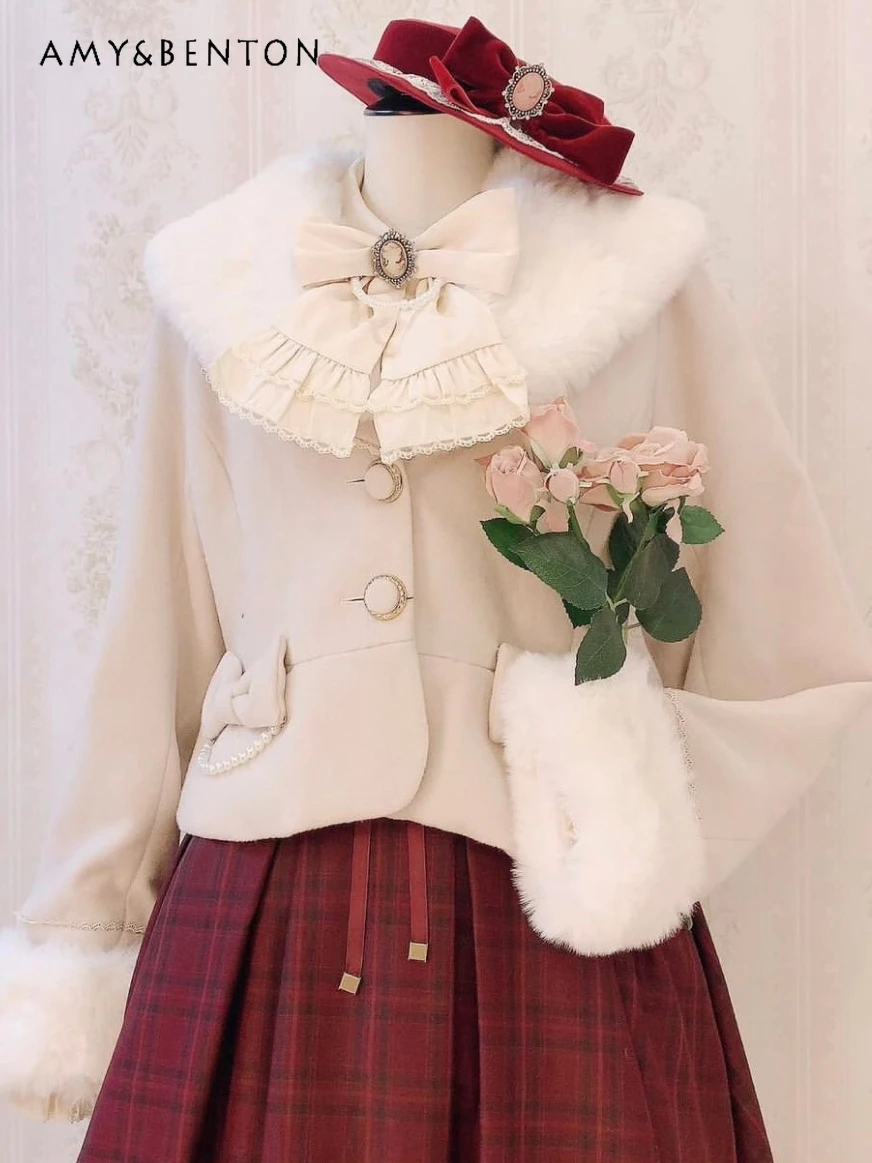 Japanese Sweet Retro Princess Wool Coat Women Cute Plush Doll Collar Bow Warm Short Jackets Winter New Lolita Пальто Женское