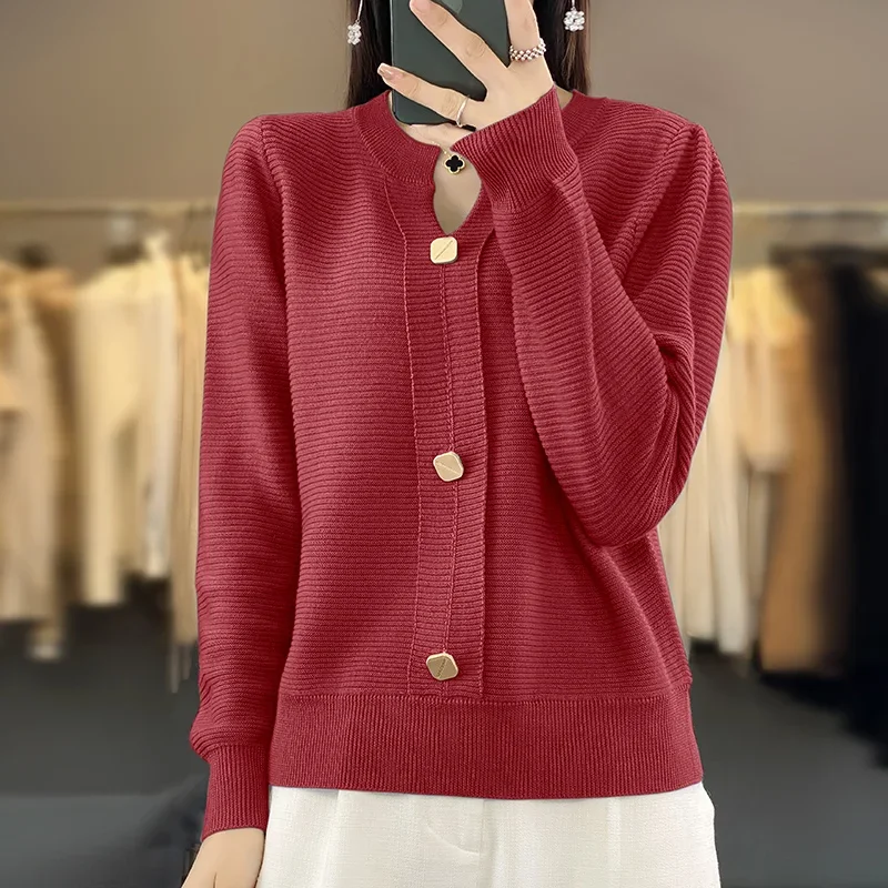 Women Autumn Winter Pure Wool Blend Sweater V-neck Button Decoration Pullover Female Soft Casual Knitted Bottoming Top 2024