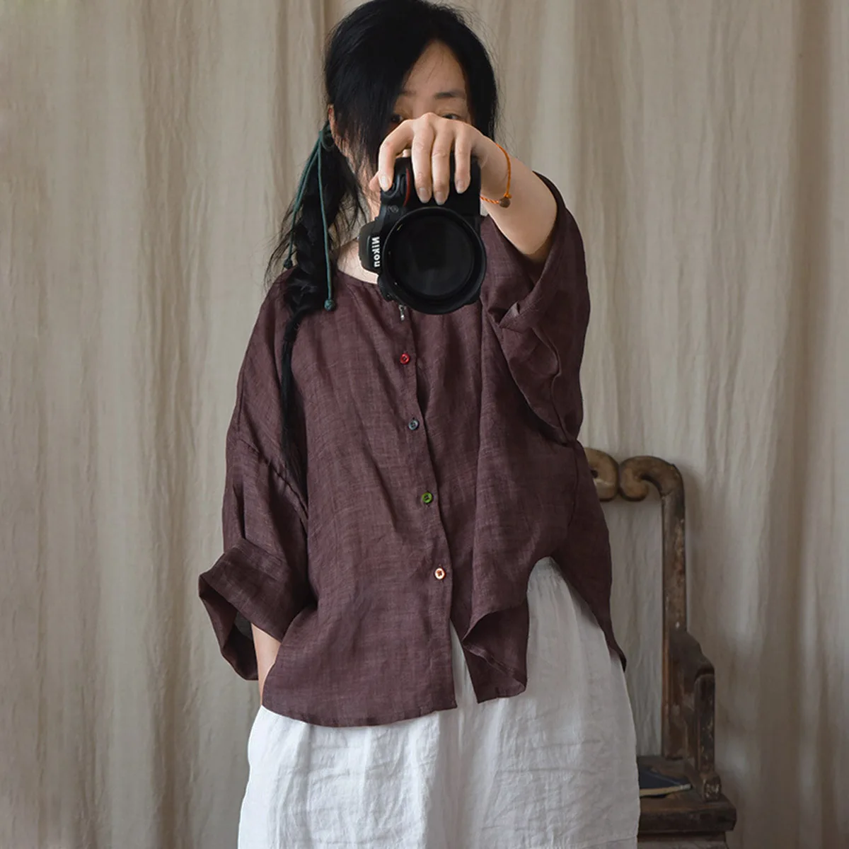 Mulheres verão leve sheer botão camisa manga longa cardigan ramie retro em torno do pescoço solto curto topos blusa alta e baixa