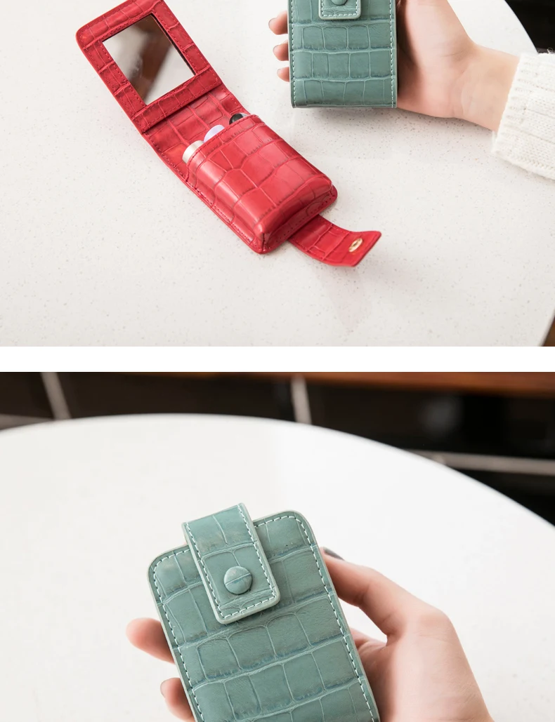 Tragbare Mini-Lippenstift-Tasche mit Spiegel, minimalistische kleine Kosmetiktasche mit Knopf, Damen-Make-up-Aufbewahrungskoffer mit Krokodilprägung – Detail 12