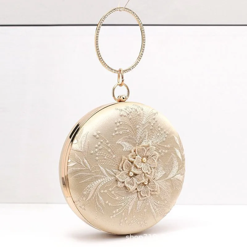 

Chinese Style Embroidery Handbag Classical Floral Round Evening Bag For Woman Clutch Wedding Purse Party Banquet Flower Bag