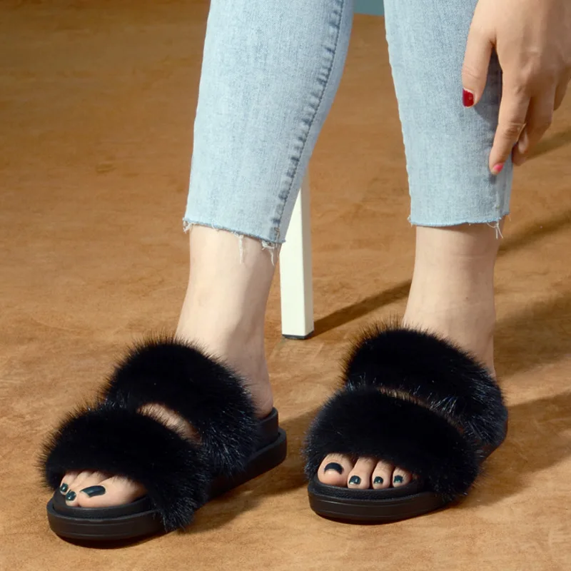 Natural Mink Fur Slippers Double Strap Real Fur Slippers For Women Fashion Fur Slippers Thick Sole Sandals Fluffy Flip Slippers