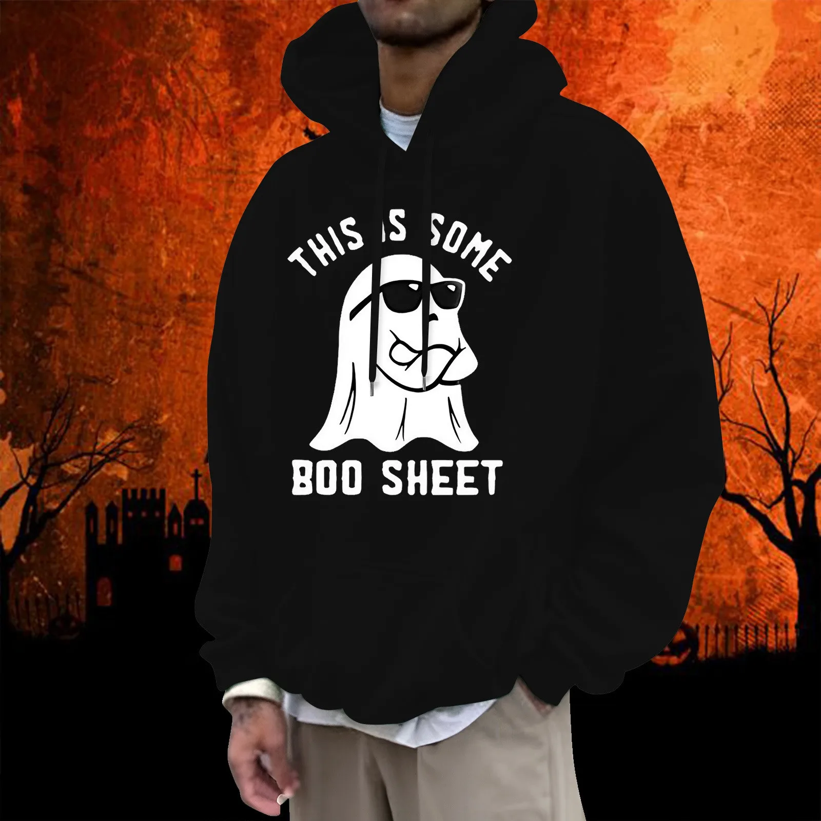 Halloween Ghost in Sonnenbrille lustiger Print Hoodie loser Minimalismus y2k Hoodies übergroße amerikanische klassische Street Hooded Sweatshirt