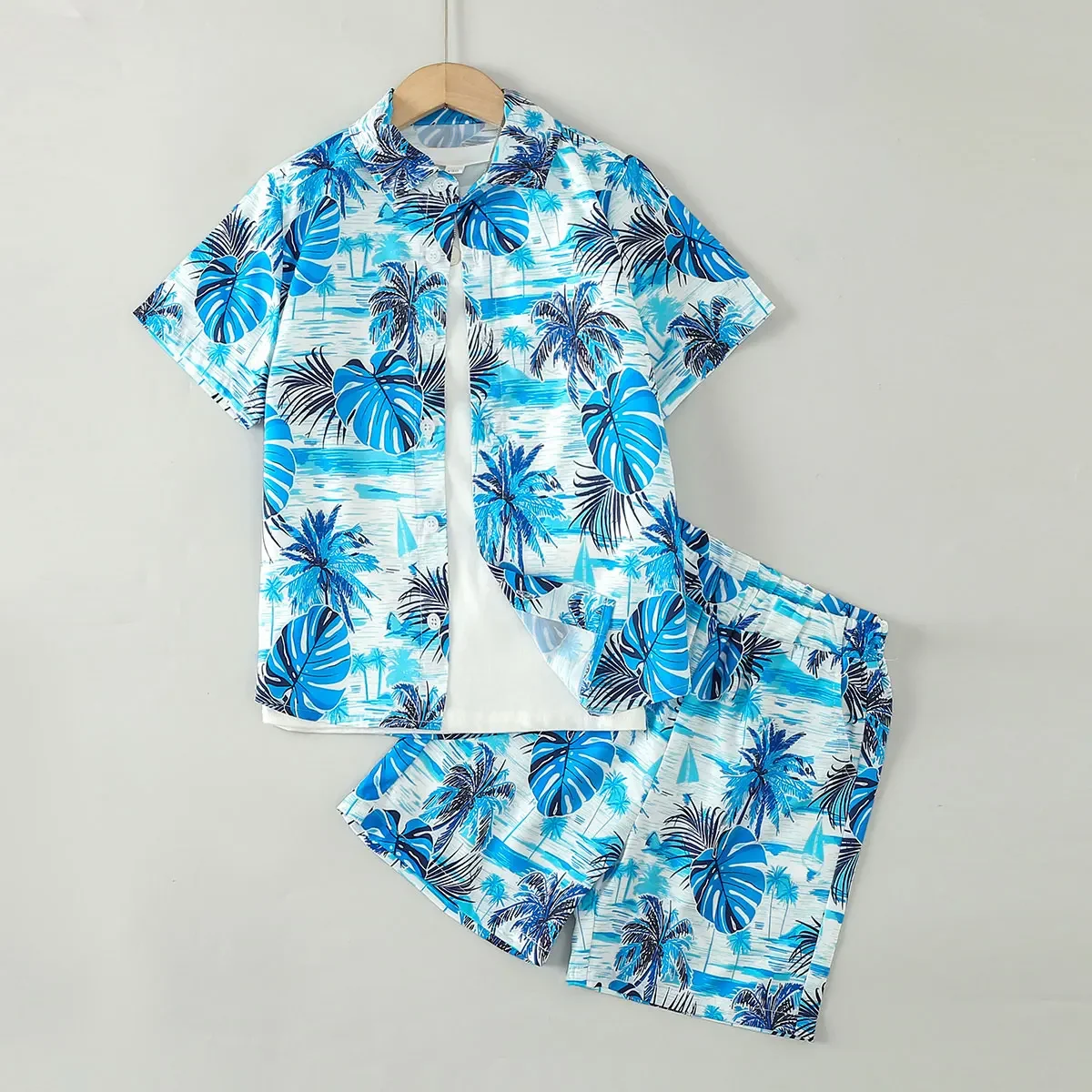 Boy's short-sleeved carfront suit, casual, printed palm le, beach vtion, gentleman style, square collar, summer