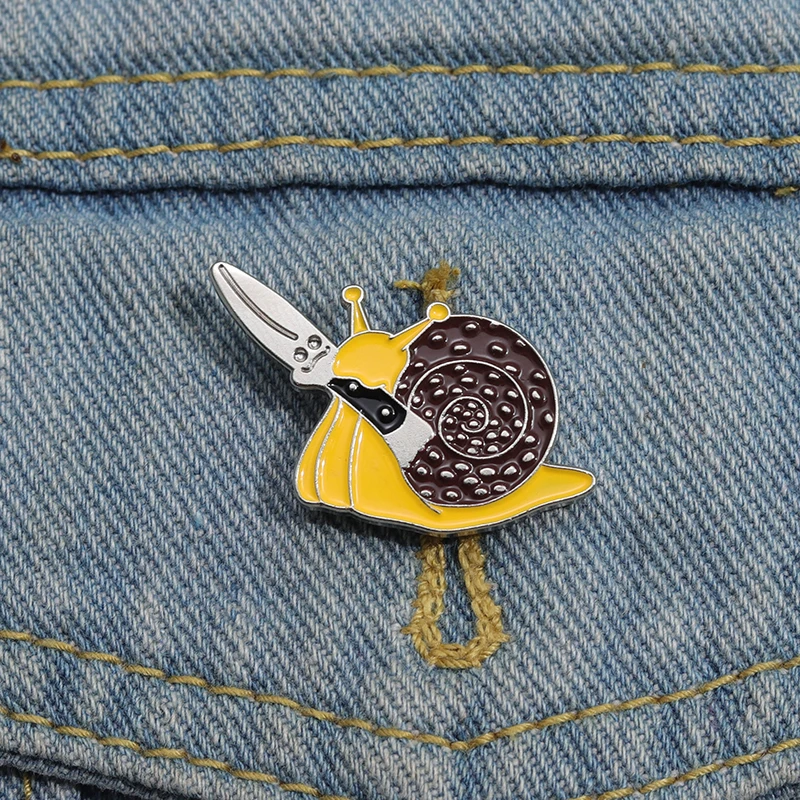 Cartoon Snail Wearing A Sword Enamel Pin Cute Animal Brooches Lapel Badge Backpack Clothes Jewelry Gift for Kids Friends