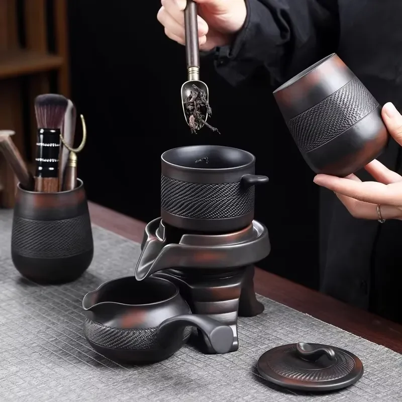 Automatic Rotating Purple Clay Tea Set Stone Grinding Kung Fu Teapot Cup Home Office Brewing Gift Lazy Person Ceramic Ware