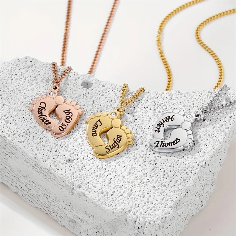 custom Stainless Steel Laser Engraved Name Necklace Pendant Personalized Footprint Jewelry Gift for Women