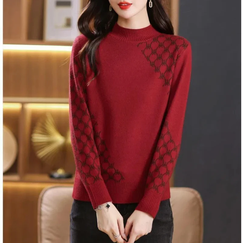 Women's Clothing Pullover Long Sleeve Checkered Sweater Knitted Autumn Winter Half High Collar Contrast Color Office Lady Tops