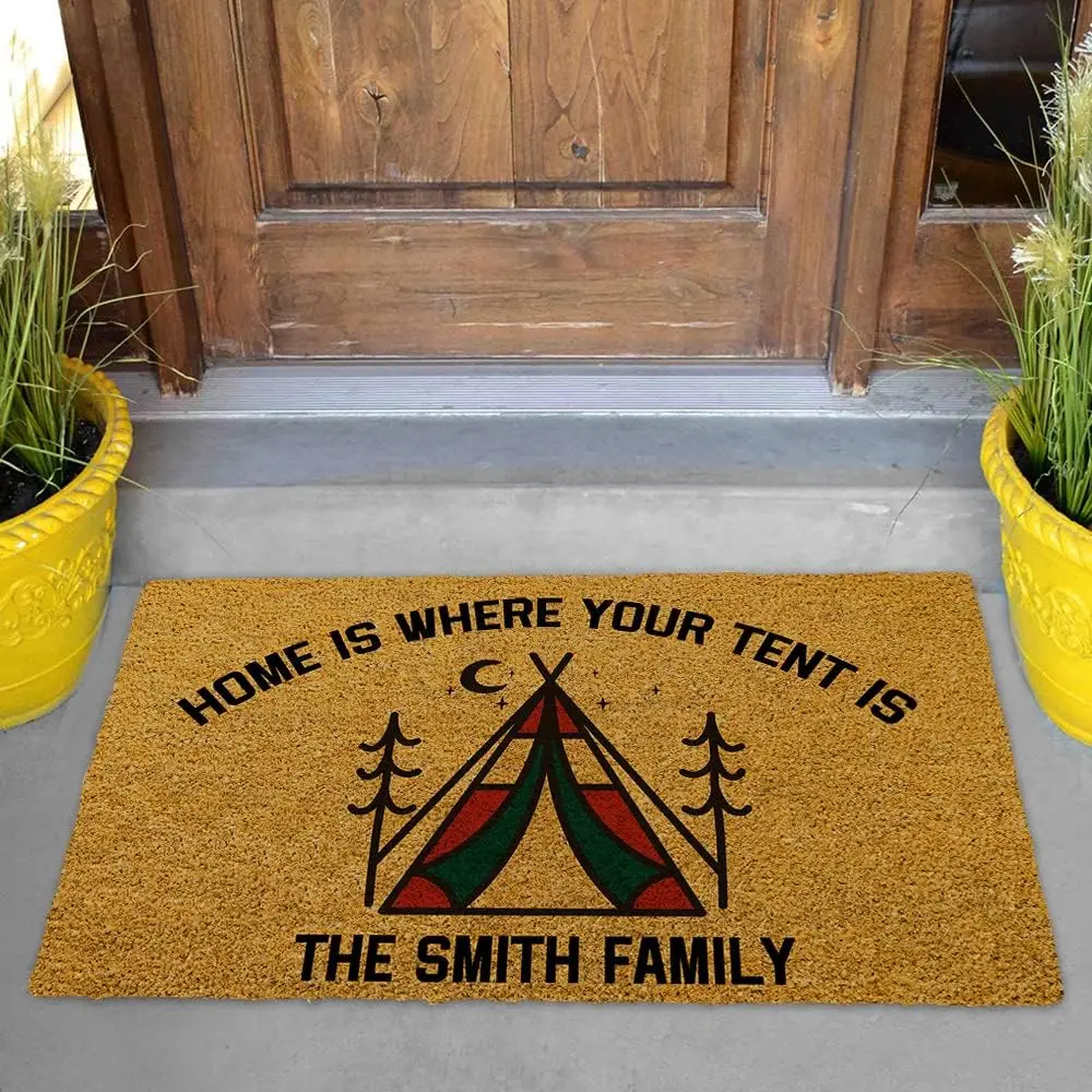 Home is Where Your Tent is RV Doormat Customized Entrance Rubber Non Slip Backing Funny Floor Mat Welcome Home Decorative Rug